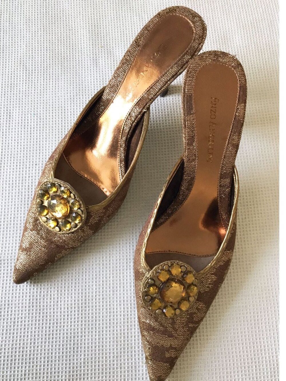 Enzo Angiolini Gold & Bronze Pointed Toe Jeweled Mule Slides, Size 7 1/2